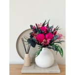 Bouquet with hot pink roses, eucalyptus and dried flowers