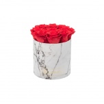 MEDIUM WHITE MARBLE BOX WITH RED PRESERVED ROSES