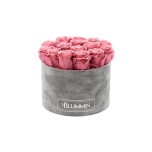 LARGE LIGHT GREY VELVET BOX WITH VINTAGE PINK PRESERVED ROSES