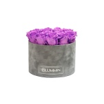 LARGE LIGHT GREY VELVET BOX WITH VIOLET VAIN PRESERVED ROSES