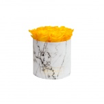 MEDIUM WHITE MARBLE BOX WITH YELLOW PRESERVED ROSES