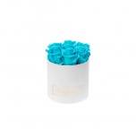 SMALL WHITE BOX WITH AQUAMARINE PRESERVED ROSES