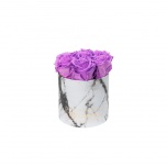 SMALL WHITE MARBLE BOX WITH VIOLET VAIN PRESERVED ROSES