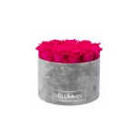 LARGE LIGHT GREY VELVET BOX WITH HOT PINK PRESERVED ROSES