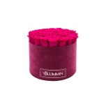 LARGE FUCHSIA VELVET BOX WITH HOT PINK PRESERVED ROSES