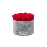 LARGE LIGHT GREY VELVET BOX WITH RED PRESERVED ROSES