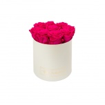 MEDIUM CREAM WHITE BOX WITH HOT PINK PRESERVED ROSES