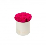 SMALL CREAM WHITE BOX WITH HOT PINK PRESERVED ROSES
