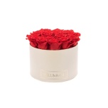 LARGE CREAM WHITE BOX WITH RED PRESERVED ROSES