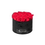 LARGE BLACK VELVET BOX WITH RED PRESERVED ROSES