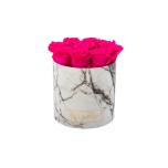MEDIUM WHITE MARBLE BOX WITH HOT PINK PRESERVED ROSES