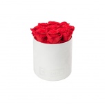 MEDIUM WHITE VELVET BOX WITH RED PRESERVED ROSES