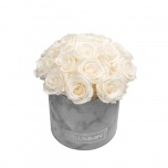 MEDIUM BOUQUET - LIGHT GREY VELVET BOX WITH WHITE PRESERVED ROSES
