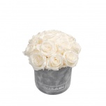 SMALL BOUQUET - LIGHT GREY VELVET BOX WITH WHITE PRESERVED ROSES