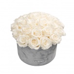 LARGE BOUQUET - LIGHT GREY VELVET BOX WITH WHITE PRESERVED ROSES
